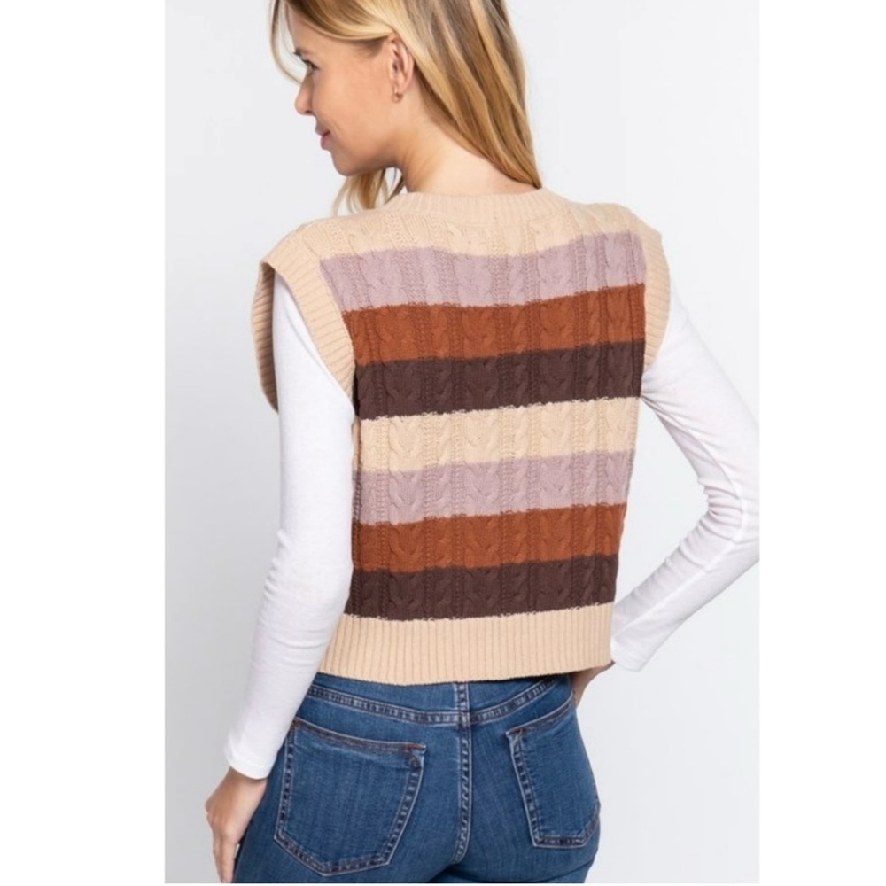 🌸Striped Cable Knit Sweater Vest. Brown/Creme/Lavender/Rust. 1 SM 1 M 1 LRG - Picture 3 of 6